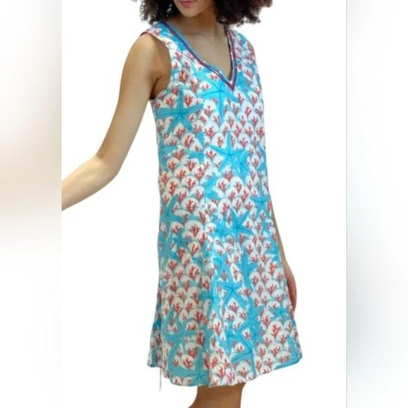 Moda Posa Vibrant Sleeveless Fit And Flare Dress With Starfish And Sea Coral - Picture 1 of 13